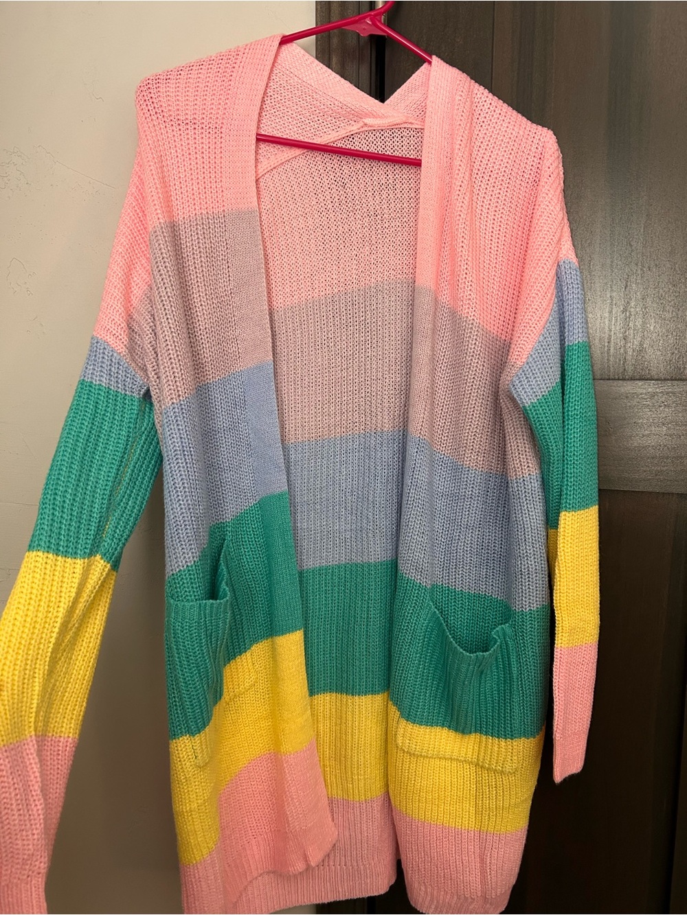 Open-Front Striped Knit Cardigan Sweater - Pink, Green, Yellow, Gray, Blue